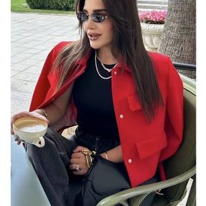 ZARA WOMEN RED SHORT CROPPED FLAP JACKET BLAZER WITH FLAPS